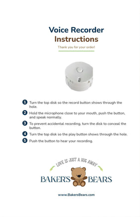 The image is a set of instructions for a voice recorder, with a close-up of the device and a logo for Bakers Bears.