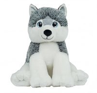 A plush toy of a husky dog with a gray and white fur coat and blue eyes.