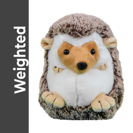 A plush toy of a hedgehog, with a brown and white color scheme and a black nose.