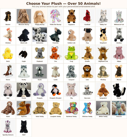 The image is a collage of various stuffed animals, including bears, rabbits, pandas, and more, arranged in a grid format.