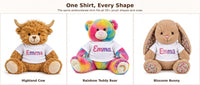 three stuffed animals, each wearing a white t-shirt with a different name printed on it.