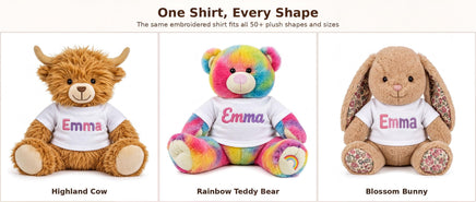 three stuffed animals, each wearing a white t-shirt with a different name printed on it.