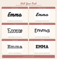 a collection of six different font styles, each with a unique name and appearance. The fonts include "Book Script", "Memo Script", "Flowing & feminine", "Curry", "Kids", "Playful & whimsical", and "Typewriter". Each font style has a distinct look and feel, catering to various occasions and personal preferences.