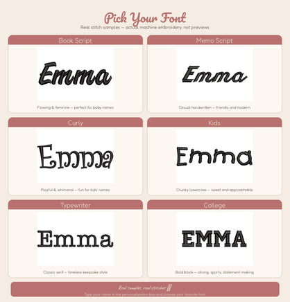 a collection of six different font styles, each with a unique name and appearance. The fonts include "Book Script", "Memo Script", "Flowing & feminine", "Curry", "Kids", "Playful & whimsical", and "Typewriter". Each font style has a distinct look and feel, catering to various occasions and personal preferences.