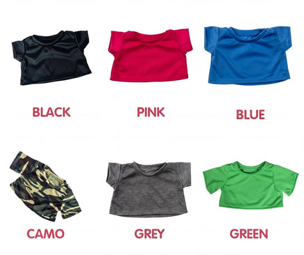 six different t-shirts, each with a unique color and pattern, arranged in a grid.