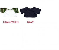 two t-shirts, one in camouflage and one in navy, with the text "CAMO/WHITE" and "NAVY" written above them.