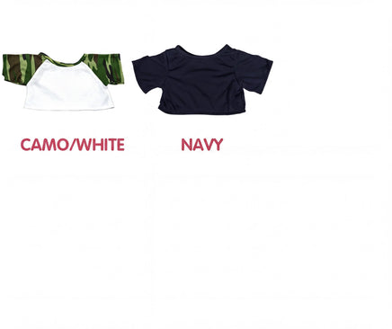 two t-shirts, one in camouflage and one in navy, with the text "CAMO/WHITE" and "NAVY" written above them.