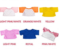 a collection of six t-shirts in various colors, including light pink, white, orange, yellow, royal, and pink/white.