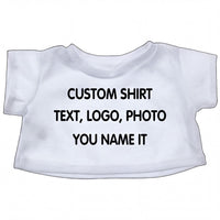 A white t-shirt with the text "CUSTOM SHIRT" printed on it.