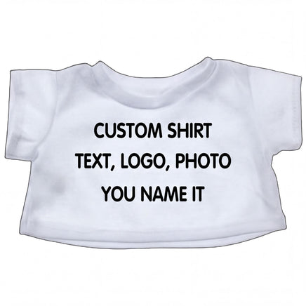 A white t-shirt with the text "CUSTOM SHIRT" printed on it.