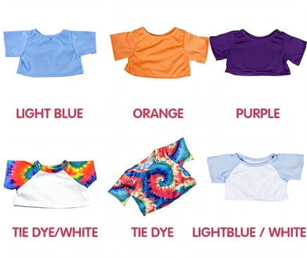six different colored t-shirts, each with a unique pattern and color, arranged in a grid.