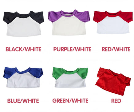 six different t-shirt designs in various colors, including black/white, purple/white, red/white, blue/white, green/white, and red.