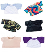 a variety of colorful t-shirts, including a blue and white top, a tie-dye top, a camouflage top, a black top, a pink top, and a purple top.