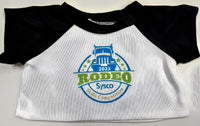 A white t-shirt with a black sleeve and a graphic design featuring a truck and the text "Rodeo Skills Competition" printed on it.