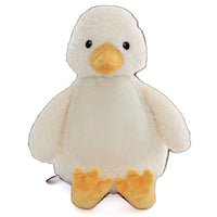 A white stuffed duck toy with yellow feet and a yellow beak.
