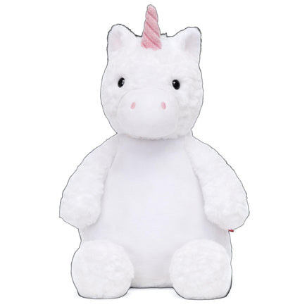 A white plush unicorn toy with a pink horn and tail.