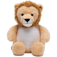 A plush toy of a lion with a white belly and brown mane.