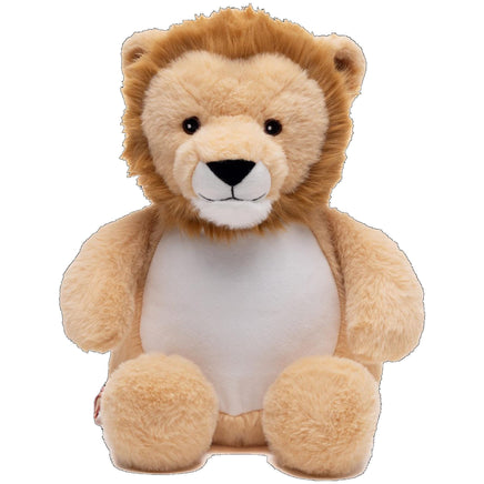 A plush toy of a lion with a white belly and brown mane.