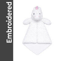 A plush white unicorn toy with a pink horn is shown against a white background.