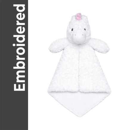A plush white unicorn toy with a pink horn is shown against a white background.