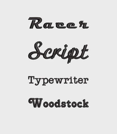 three different font styles: "Racer Script", "Typewriter", and "Woodstock".