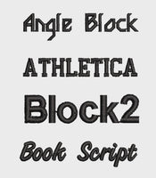 four different black embroidered text designs, including "Angle Block", "Athletica Block2", "Book Script", and "Book Script".