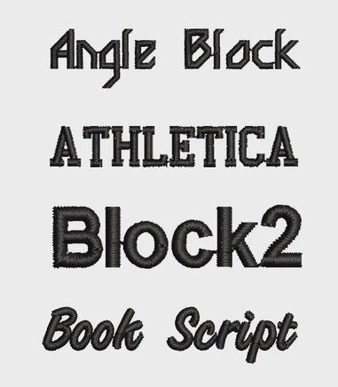 four different black embroidered text designs, including "Angle Block", "Athletica Block2", "Book Script", and "Book Script".