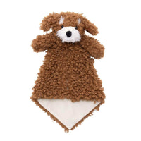 A brown, furry stuffed dog toy with a white nose and ears.