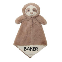 A plush toy of a sloth with the name "Baker" printed on it.