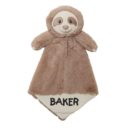 A plush toy of a sloth with the name "Baker" printed on it.