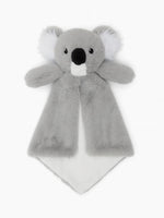 A gray plush koala bear toy with large ears and a black nose is shown against a white background.