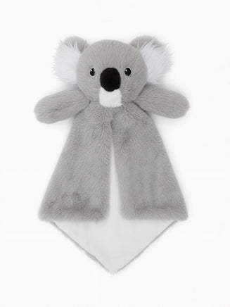 A gray plush koala bear toy with large ears and a black nose is shown against a white background.
