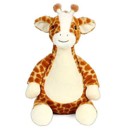 A stuffed giraffe toy with a white belly and brown spots sits on a white background.