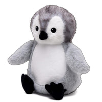 A plush penguin toy with a white body, gray head, and black feet.