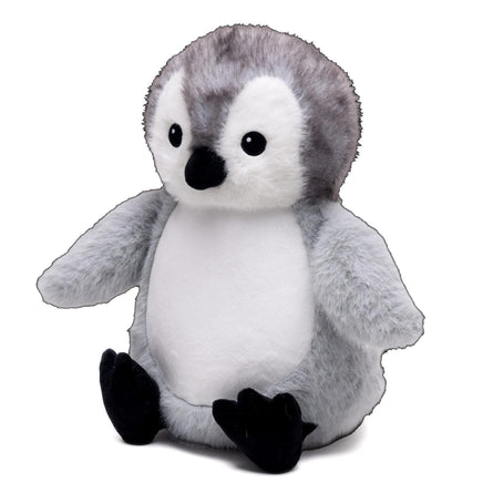 A plush penguin toy with a white body, gray head, and black feet.