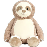 A plush toy of a sloth sitting on a white background.