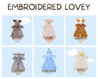 Embroidered lovey animal plush toys: Moose, Lamb, Giraffe, Elephant, Dinosaur, Duck