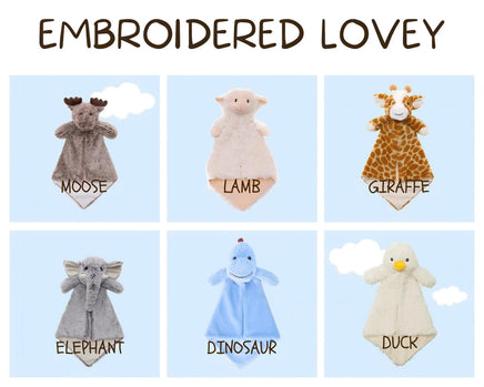 Embroidered lovey animal plush toys: Moose, Lamb, Giraffe, Elephant, Dinosaur, Duck