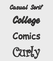 four different styles of text, including "Casual Serif", "College Comics", "Curly", and "College Comics Curly".