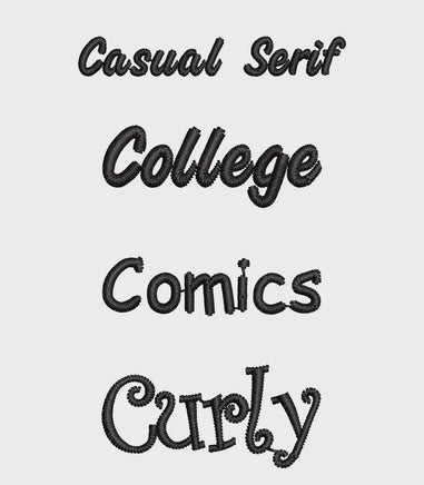four different styles of text, including "Casual Serif", "College Comics", "Curly", and "College Comics Curly".