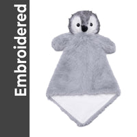 A plush penguin toy with a gray and white color scheme, featuring a black nose and eyes, and a white belly.