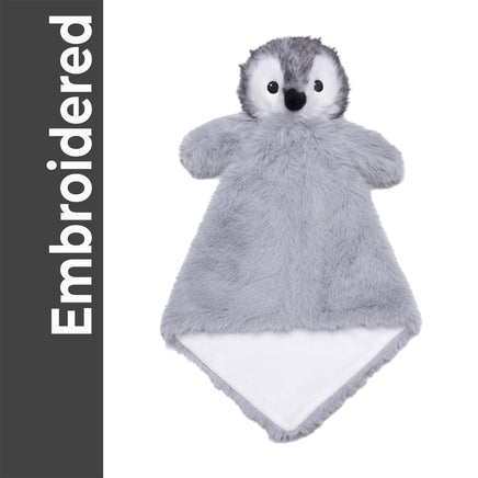 A plush penguin toy with a gray and white color scheme, featuring a black nose and eyes, and a white belly.