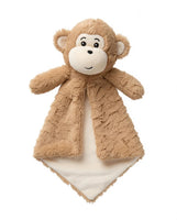 A brown stuffed monkey toy with a smiling face and large ears.