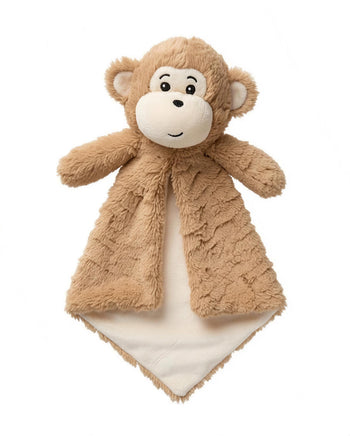 A brown stuffed monkey toy with a smiling face and large ears.