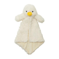 A white stuffed duck toy with a yellow beak is shown against a white background.