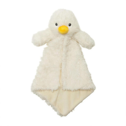A white stuffed duck toy with a yellow beak is shown against a white background.