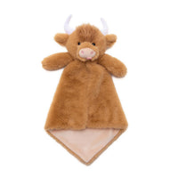 A brown stuffed toy cow with horns is displayed against a white background.
