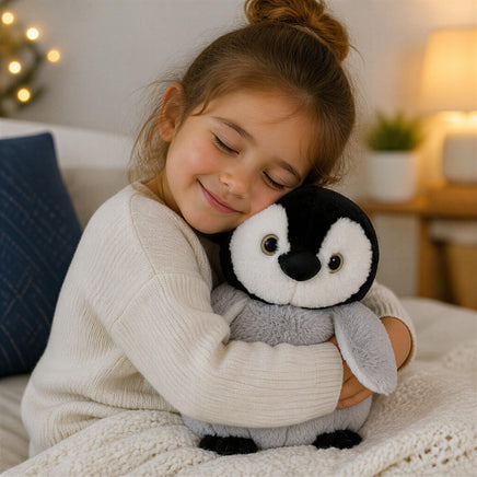 Girl hugging a soft 16-inch gray and white baby penguin plush