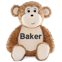 Monkey plush stuffed animal with brown fur and orange chest, ready for custom name embroidery - Baker's Bears Big Brother gift