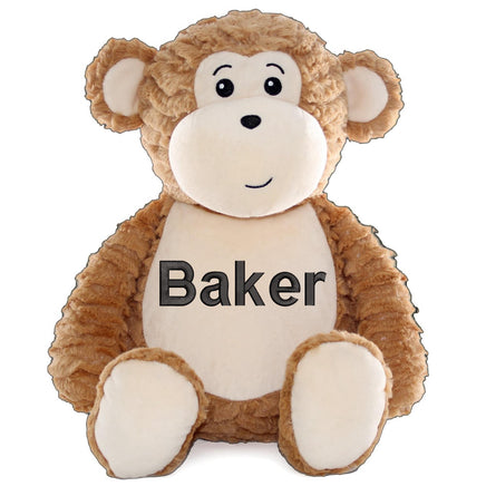 Monkey plush stuffed animal with brown fur and orange chest, ready for custom name embroidery - Baker's Bears Big Brother gift
